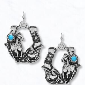 Horse & Horseshoe Drop Earrings – Western Turquoise Accents